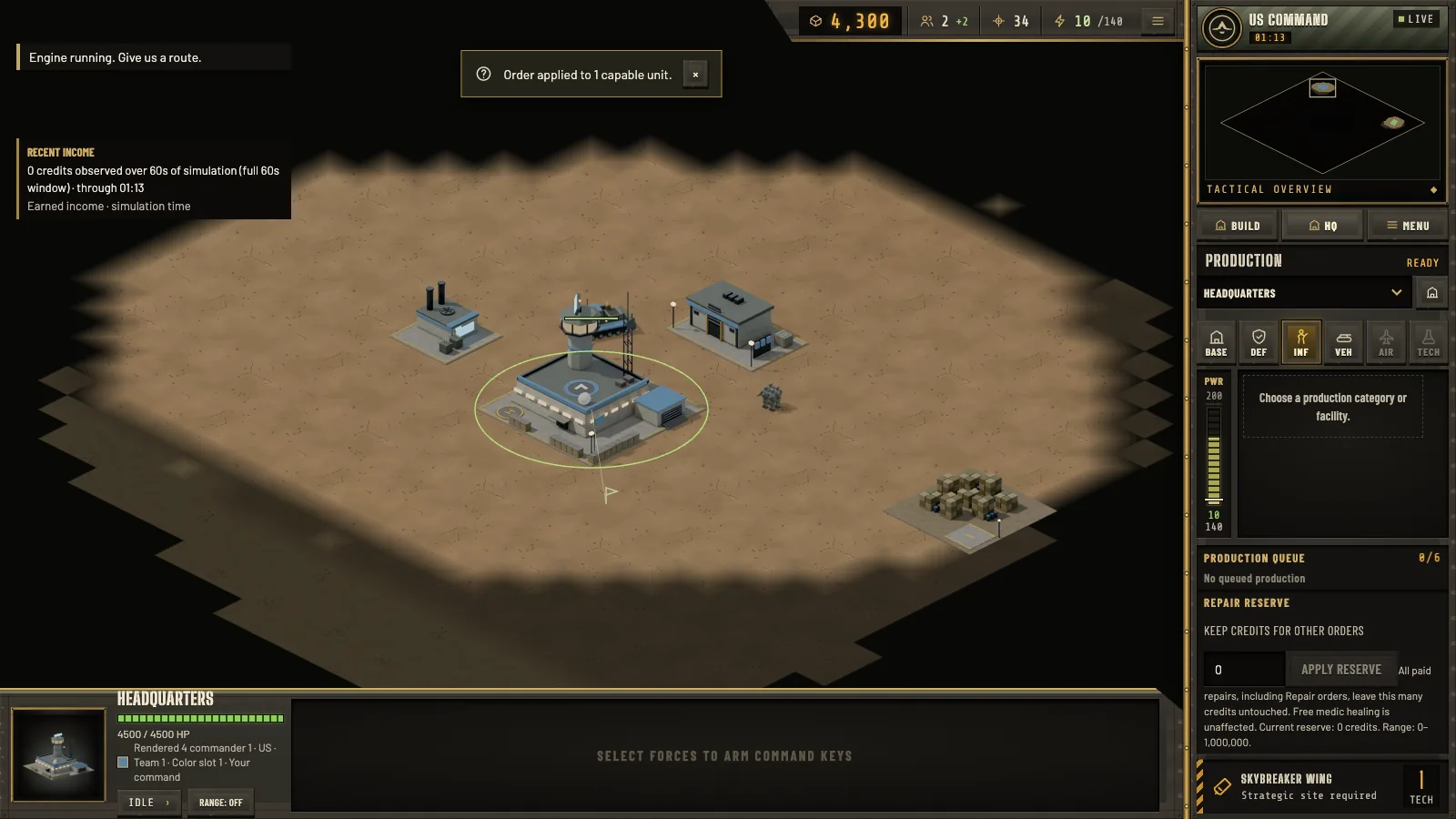In-game screenshot: a US headquarters selected on a desert base, with credits, supply and power along the top, a tactical overview and production sidebar on the right, and the selection panel along the bottom.