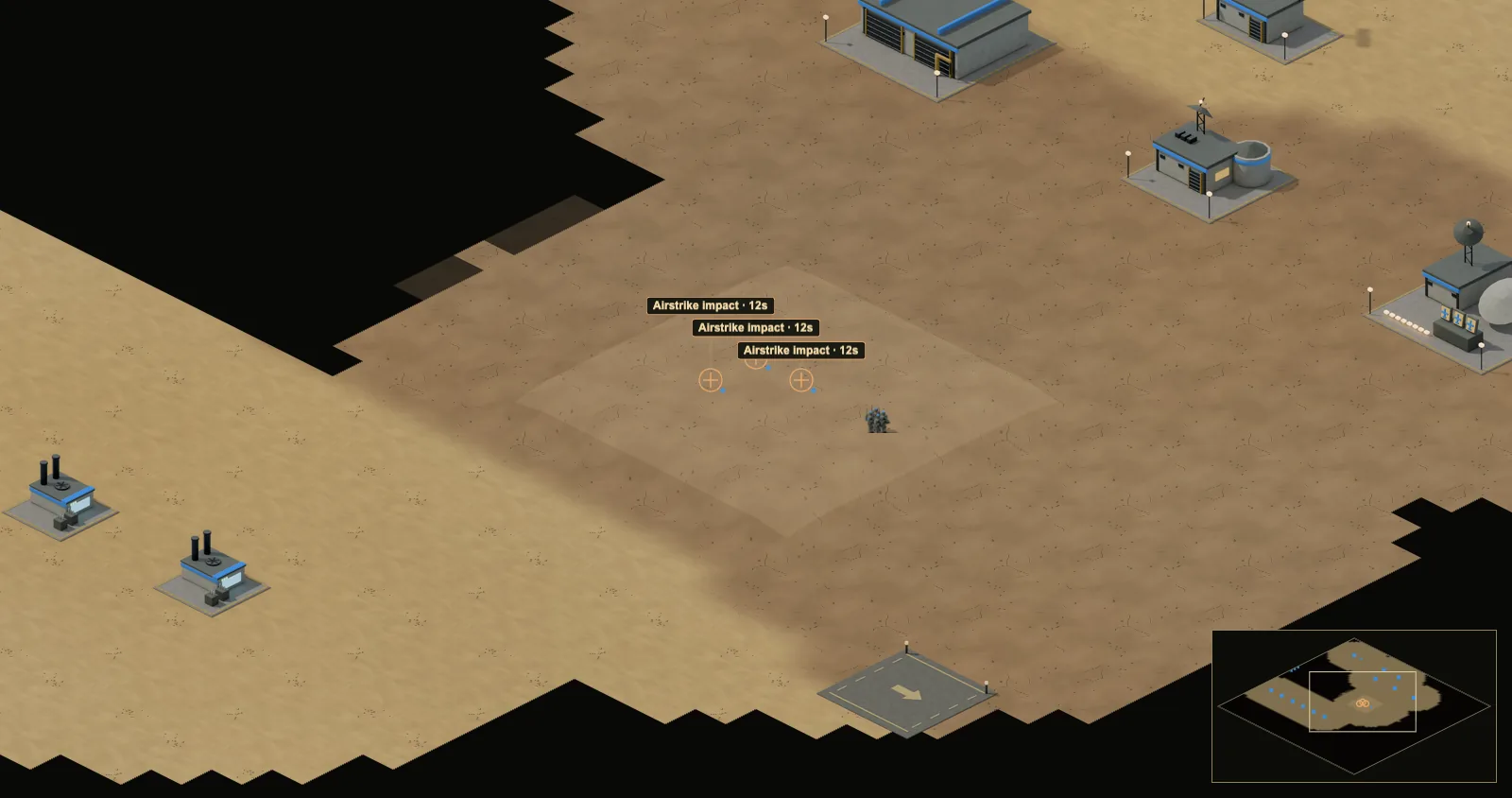 In-game screenshot: three marked airstrike impact points, each labelled with a 12 second countdown, on raised desert ground beside an enemy base.