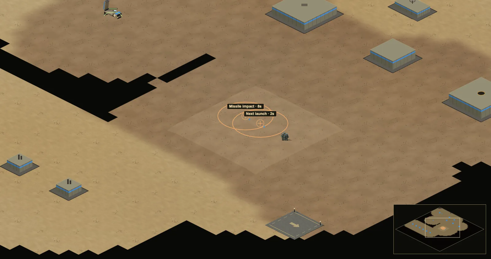 In-game screenshot: two overlapping amber impact circles labelled 'Missile impact 8s' and 'Next launch 2s' near a squad on raised ground.
