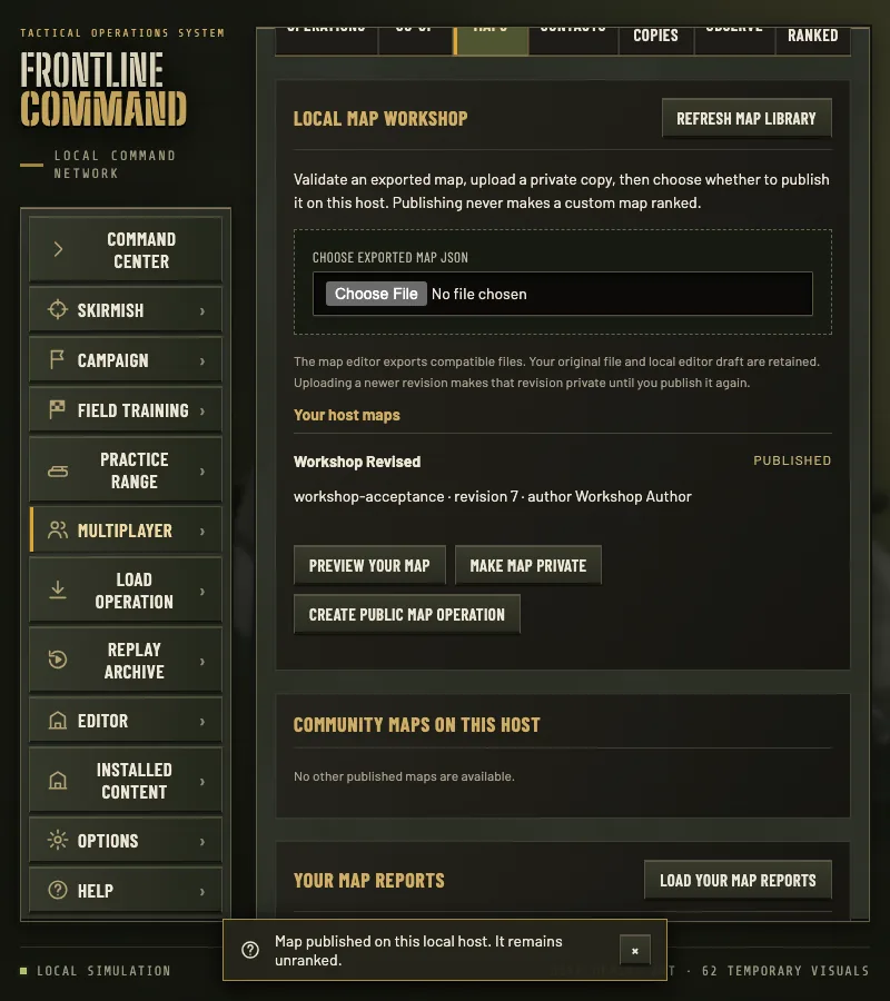 In-game screenshot: the local map workshop, with options to validate an exported map file, preview it and publish it on the local host.